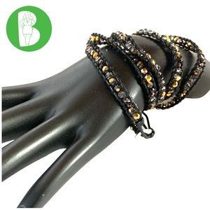 VICTORIA EMERSON GOLD & BLACK BEADS WITH BLACK LEATHER WRAP BRACELET